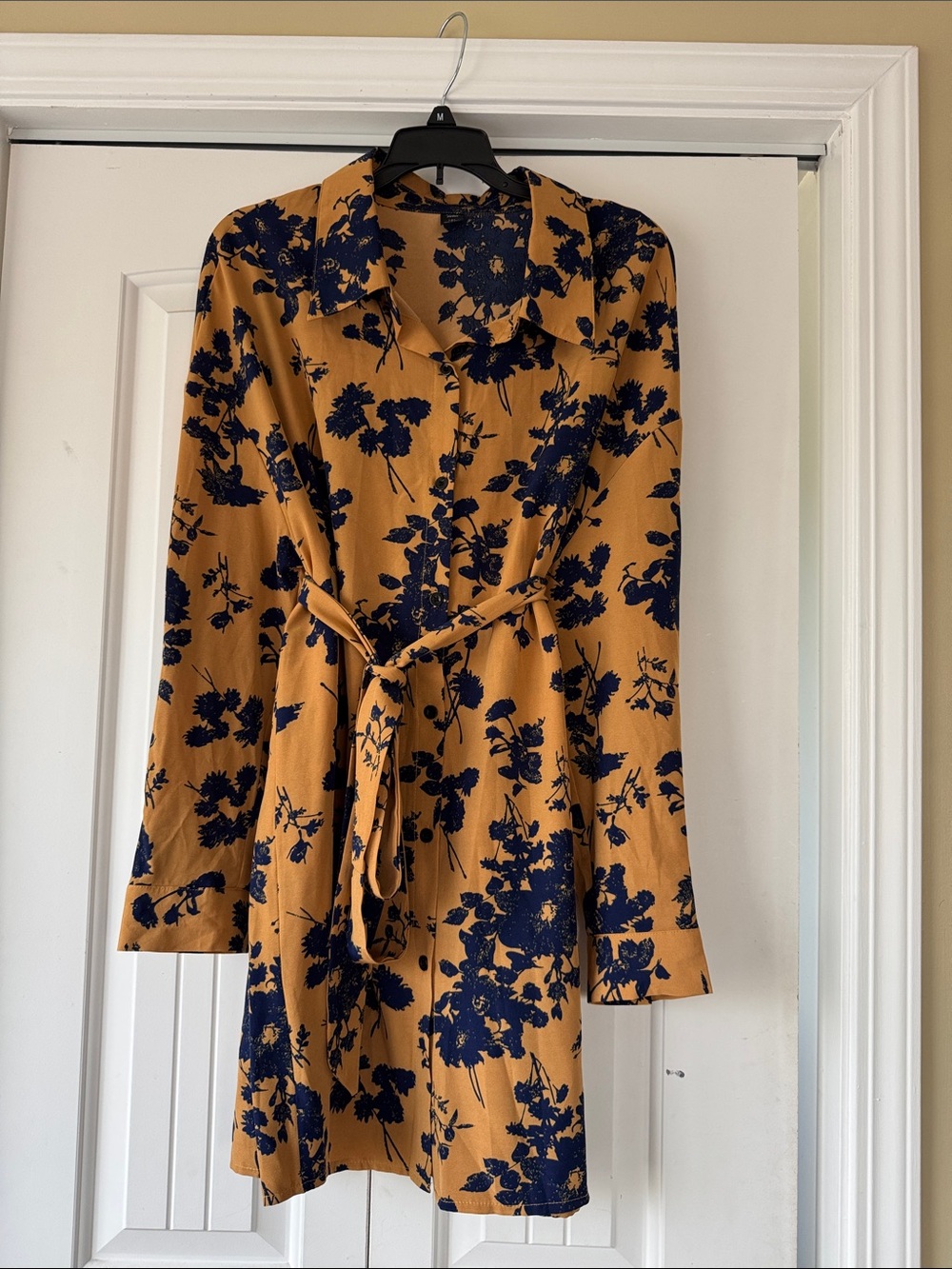 SHEIN Navy Floral Mustard Long Sleeve Shirt Dress